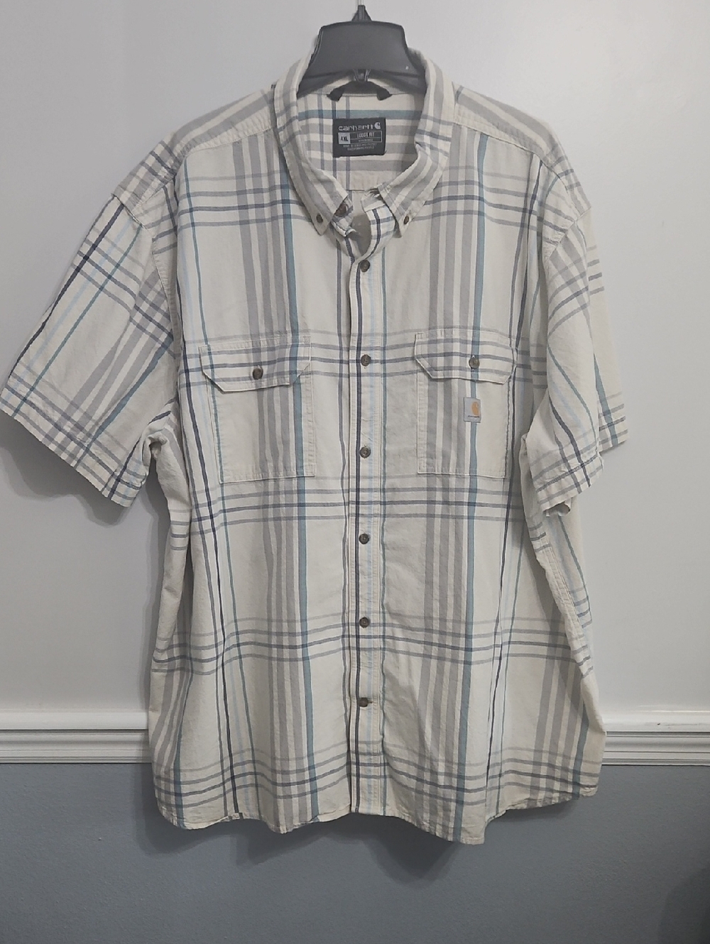 Carhartt Men’s Short-Sleeve Plaid Button-Down Shirt - Cream, Gray, Blue. 4XL
